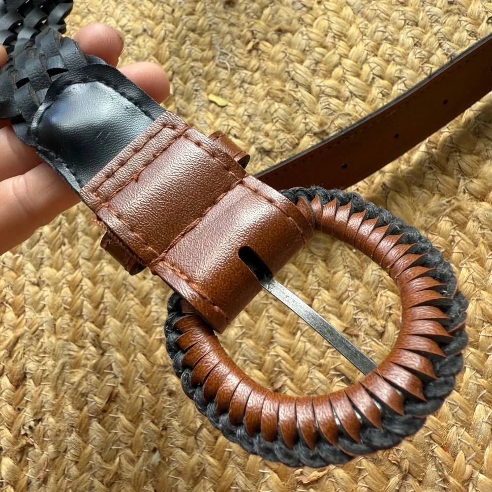 Two Tone Braided Woven Belt Brown Black Faux Leather Round Buckle Boho 37 Inch